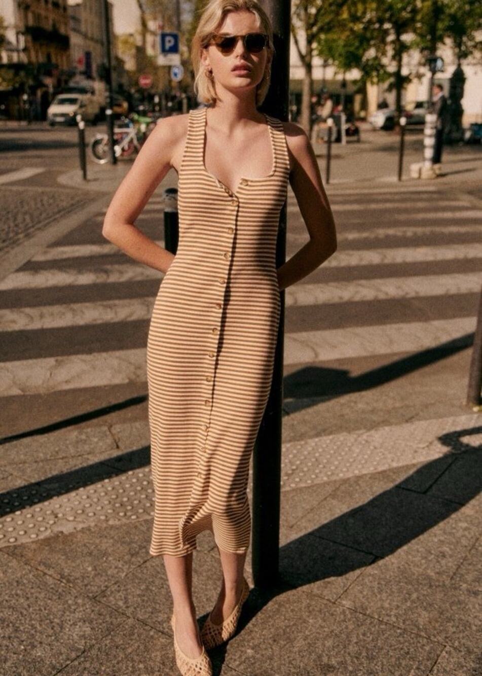 Sézane Fabiola Striped Dress Ribbed Knit Organic Cotton Button Front Brown Sz S